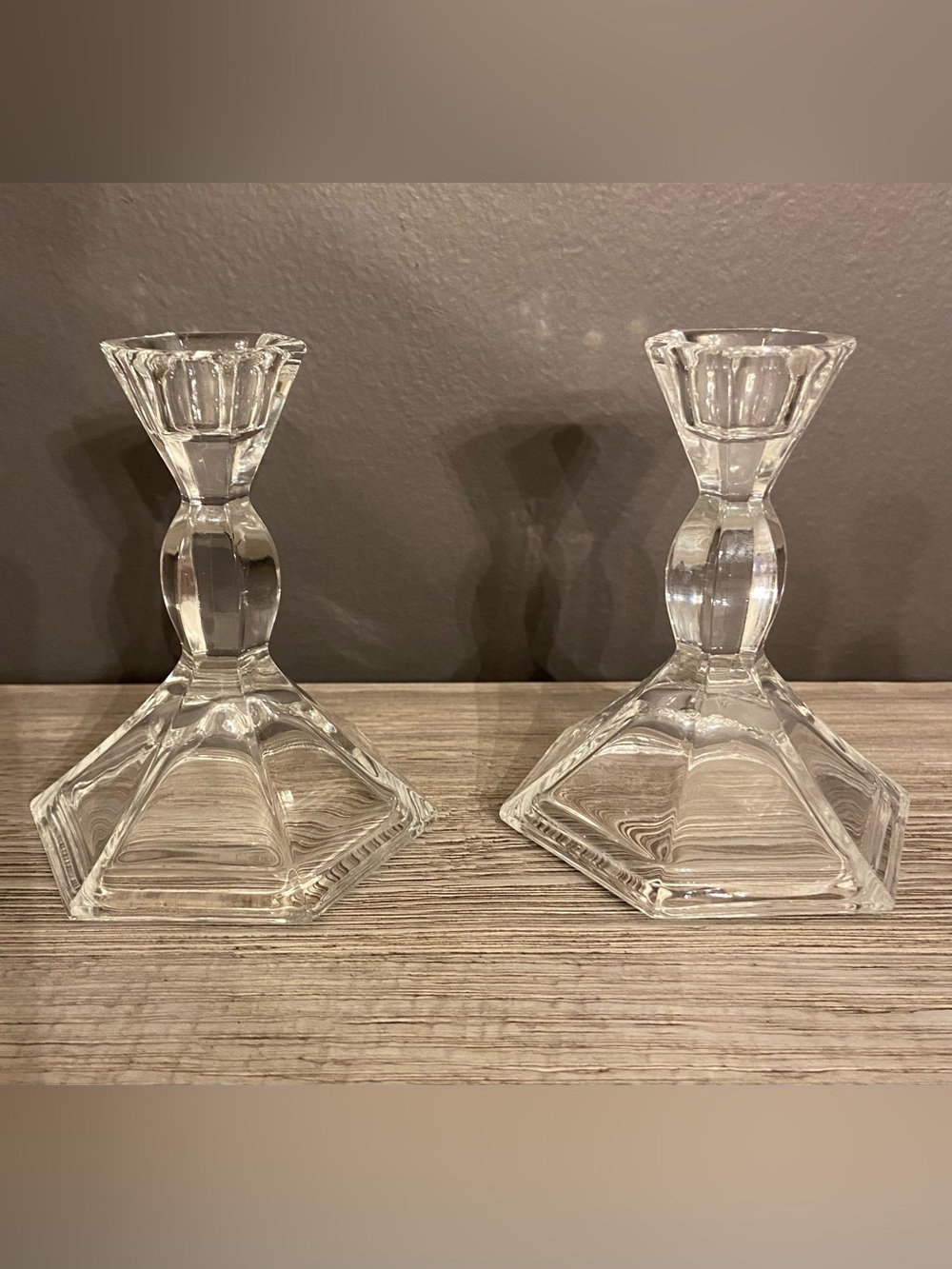 Vintage Clear Glass Candle Stick Holders w/ Flared Octagonal Base (2)